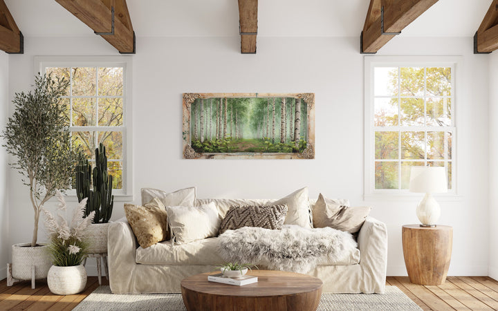 Birch Trees Forest In Summer Rustic Framed Canvas Wall Art above beige couch