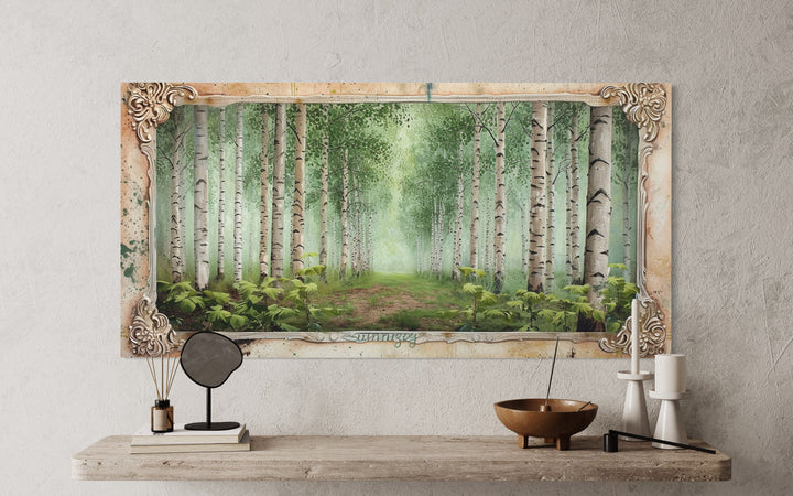 Birch Trees Forest In Summer Rustic Framed Canvas Wall Art close up