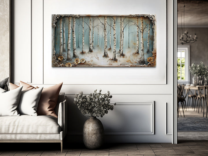 Birch Trees Forest In Winter Rustic Framed Canvas Wall Art