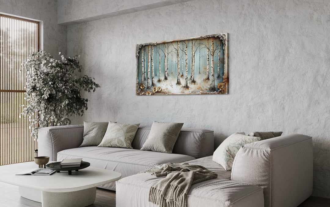 Birch Trees Forest In Winter Rustic Framed Canvas Wall Art above couch in living room