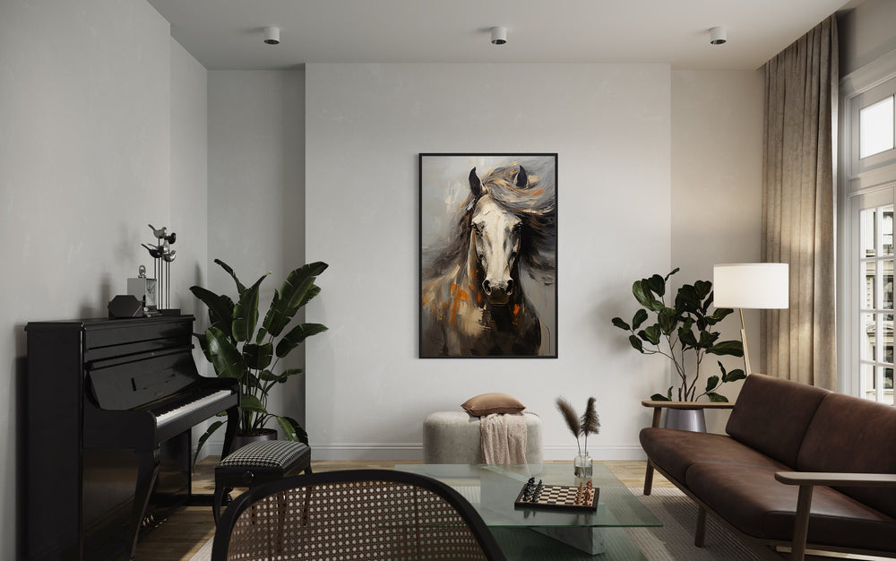 Brown Abstract Horse Framed Canvas Wall Art in living room