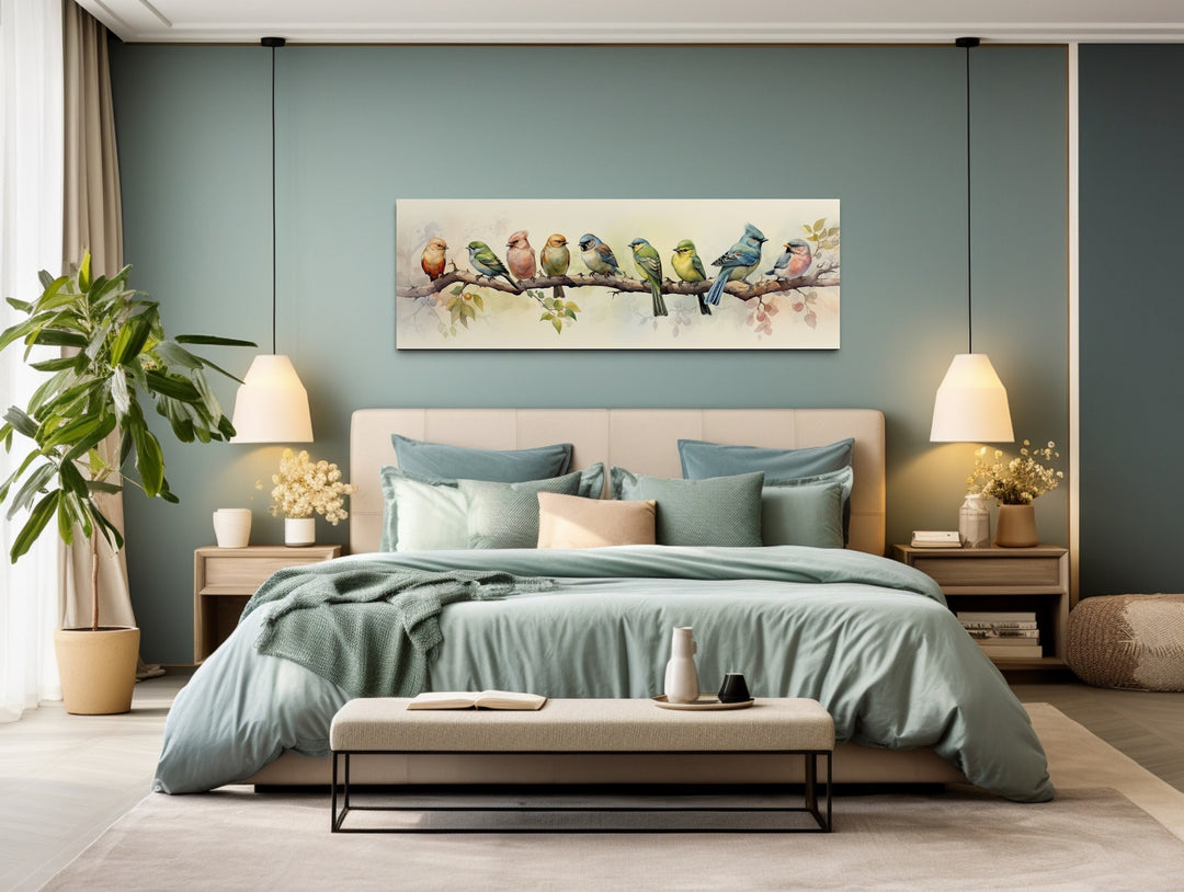 Panoramic Small Colorful Birds On a Branch Canvas Wall Art
