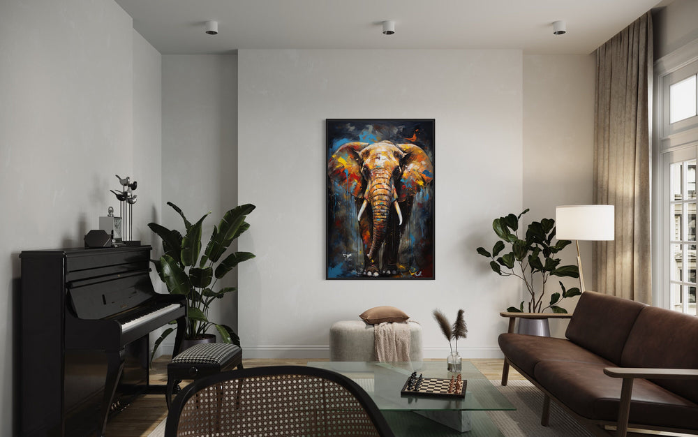 Colorful Graffiti Elephant Framed Canvas Wall Art in living room