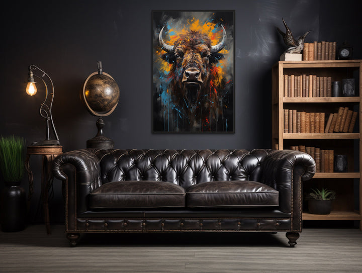 Colorful Bison Abstract Painting Framed Canvas Wall Art in man cave
