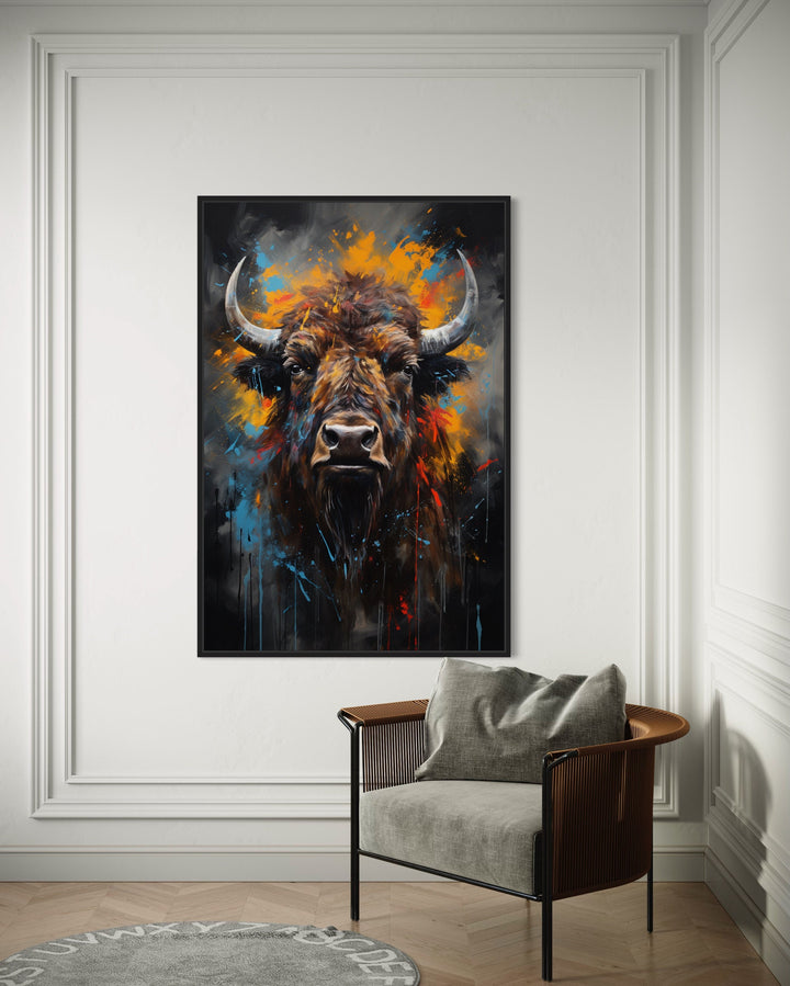 Colorful Bison Abstract Painting Framed Canvas Wall Artin big room
