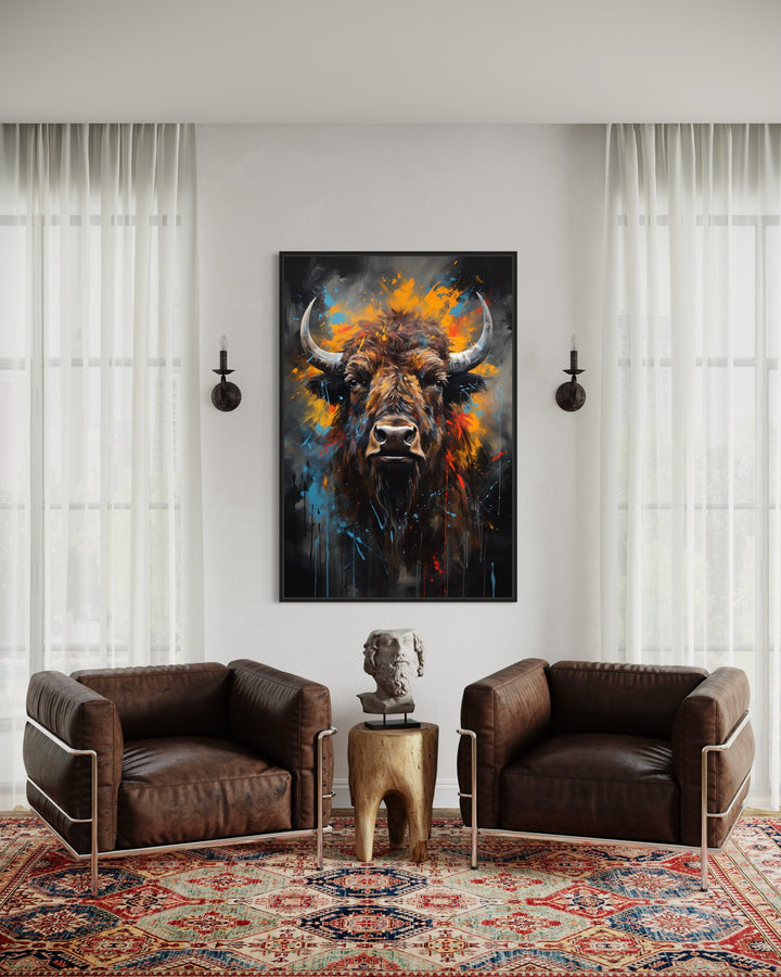 Colorful Bison Abstract Painting Framed Canvas Wall Art in living room