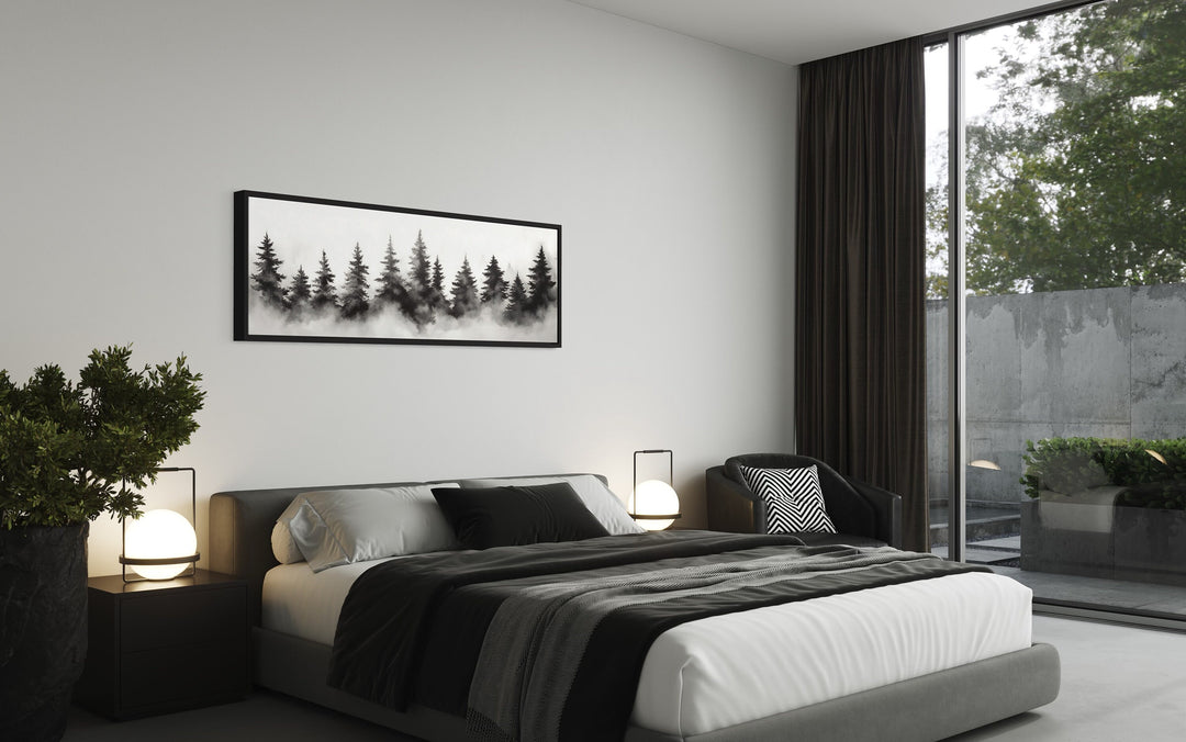 Black And White Watercolor Foggy Pine Tree Forest Horizontal Canvas Wall Art above bed