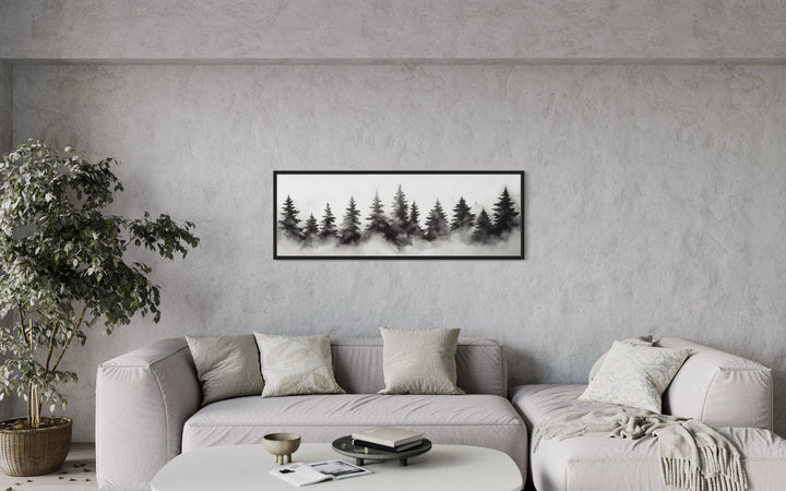 Black And White Watercolor Foggy Pine Tree Forest Horizontal Canvas Wall Art above grey couch