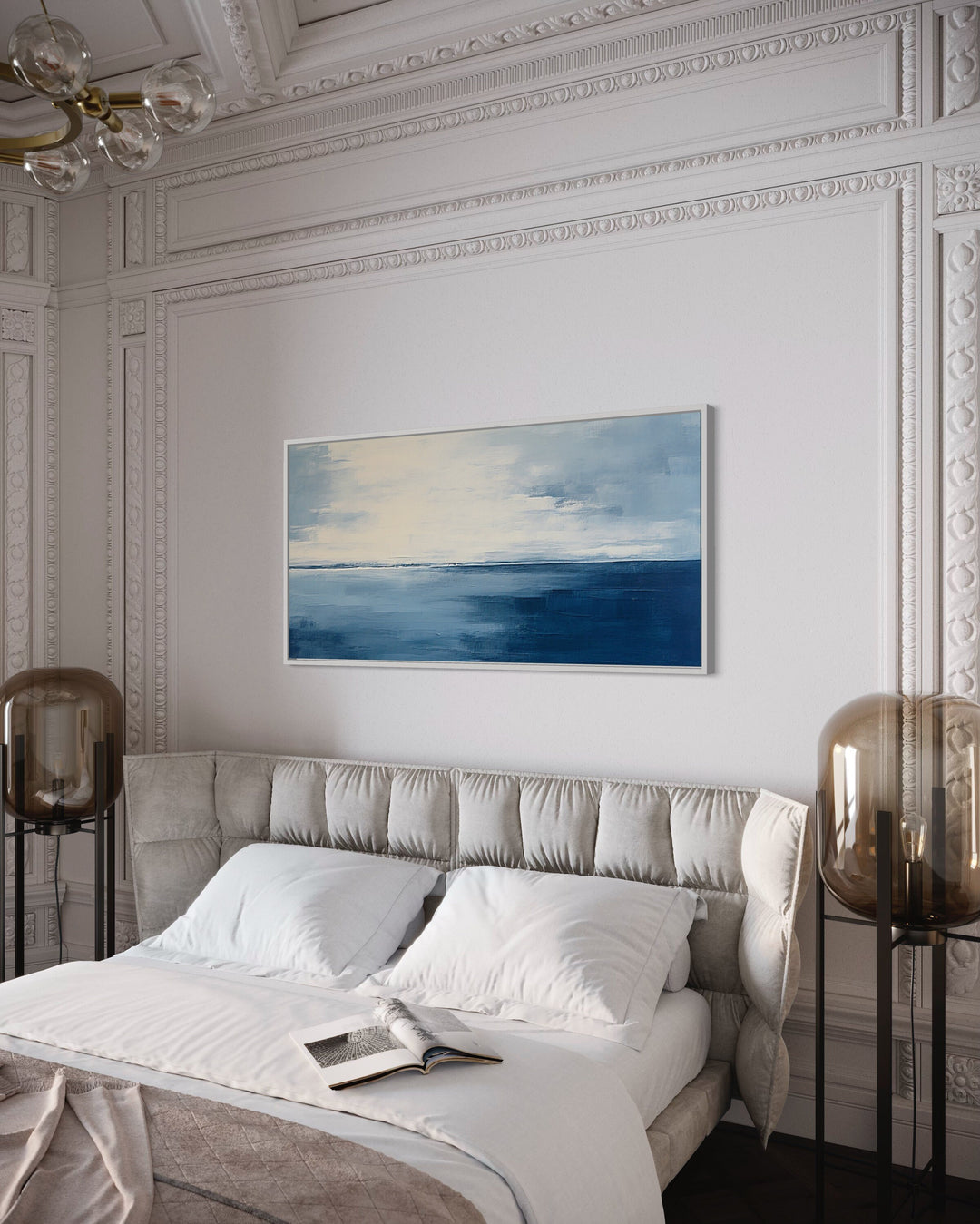 Abstract Ocean Navy Blue Grey Framed Canvas Wall Art above bed side view