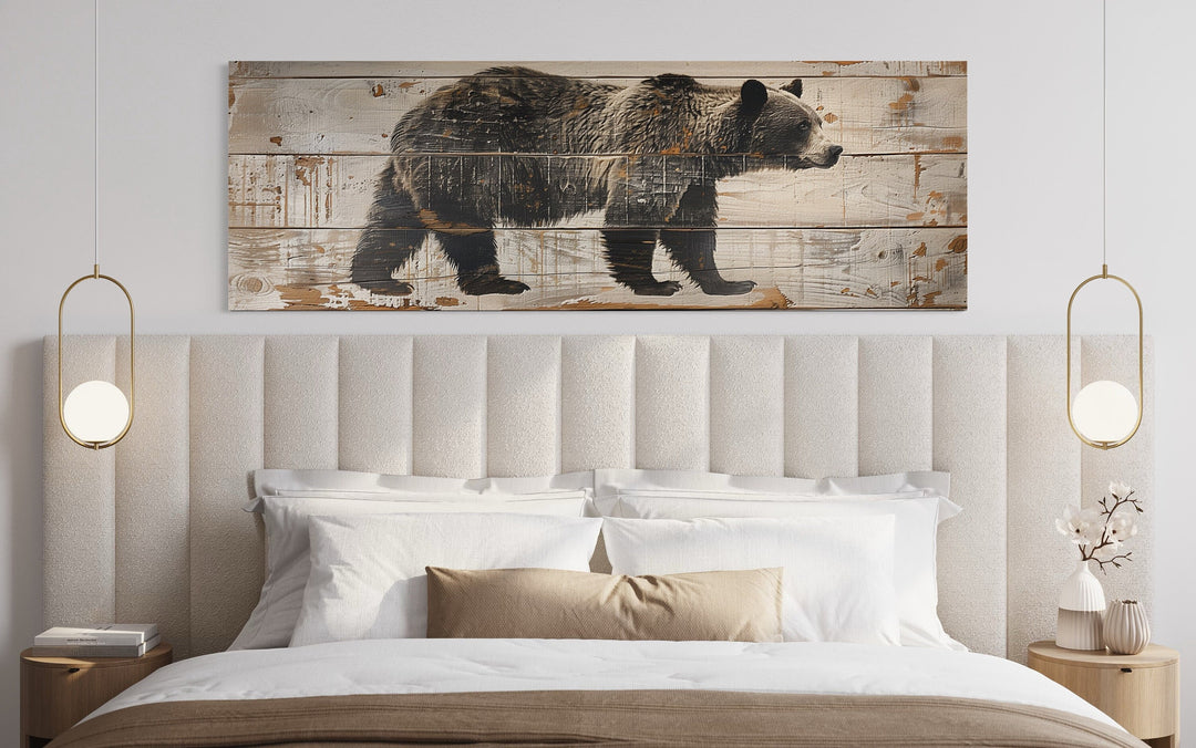 Bear Painted On Wood Canvas Wall Art above white bed