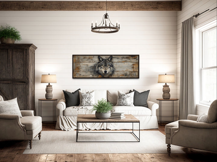 Wolf Painted On Wood Long Horizontal Framed Canvas Wall Art above rustic couch