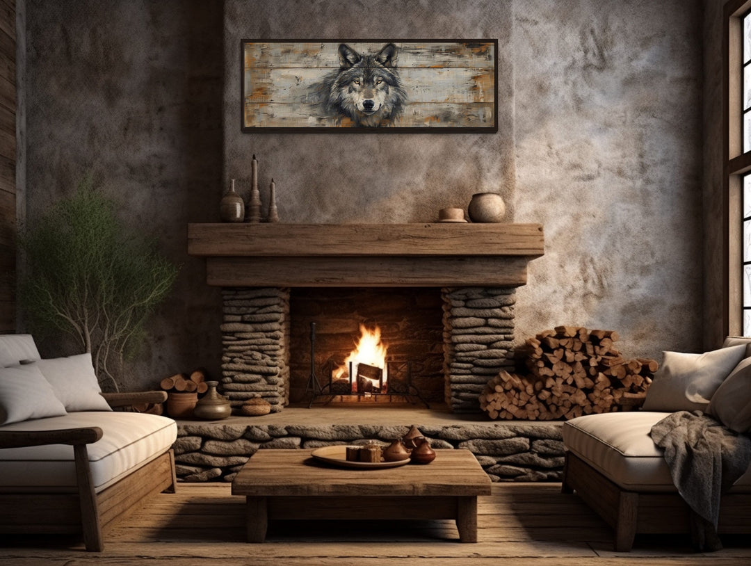 Wolf Painted On Wood Long Horizontal Framed Canvas Wall Art above fireplace