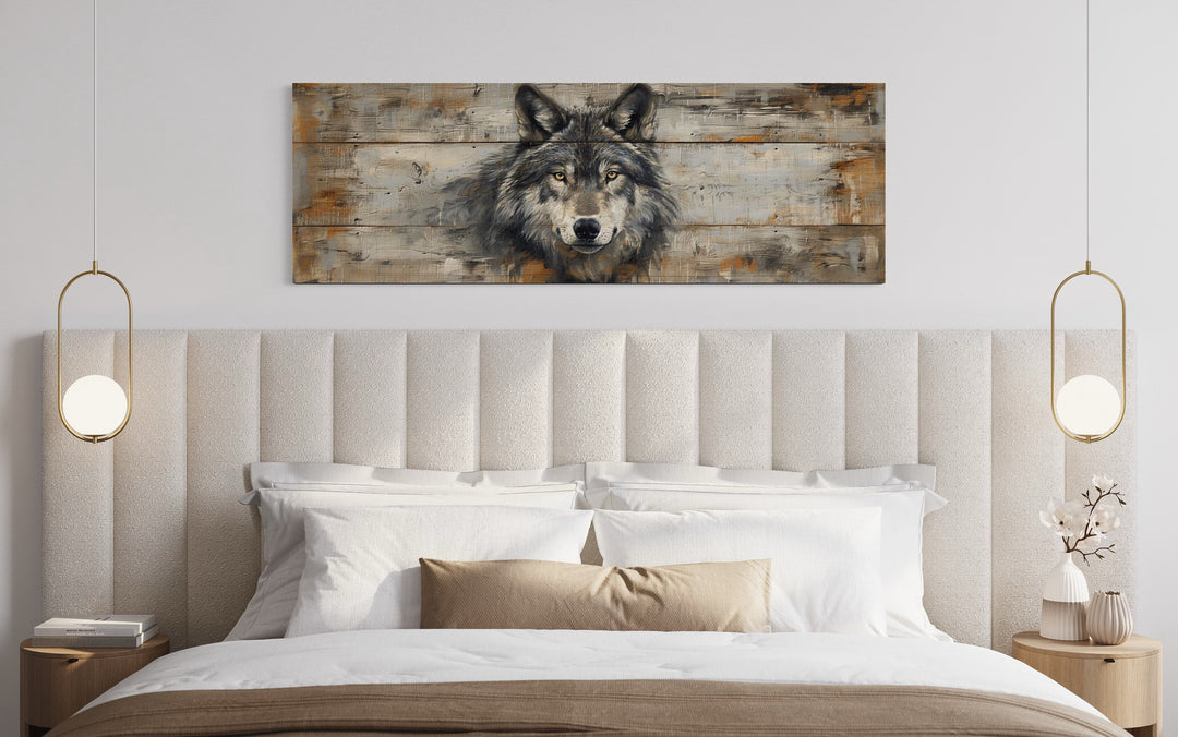 Wolf Painted On Wood Long Horizontal Framed Canvas Wall Art