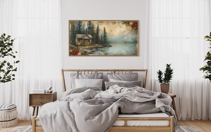 Cabin On The Lake Rustic Lake House Framed Canvas Wall Art above bed