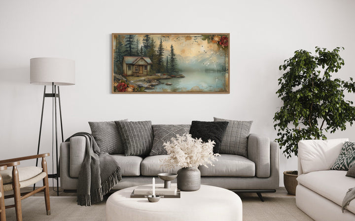 Cabin On The Lake Rustic Lake House Framed Canvas Wall Art in living room