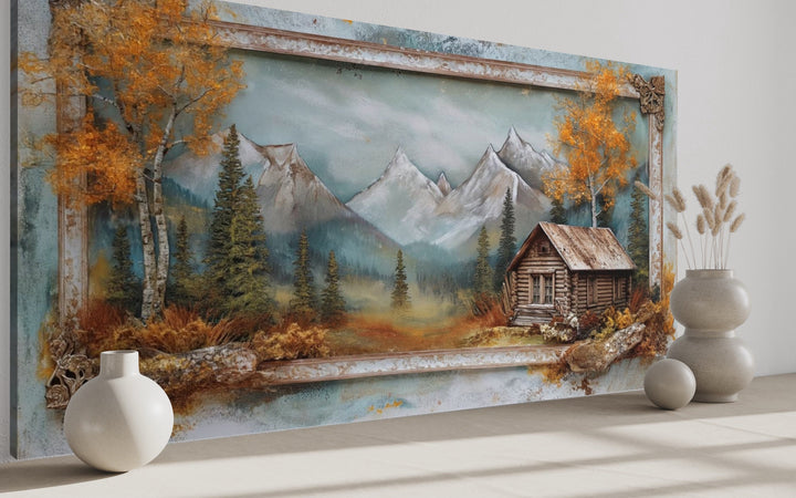 Log Cabin In The Mountains In Autumn Rustic Framed Canvas Wall Art