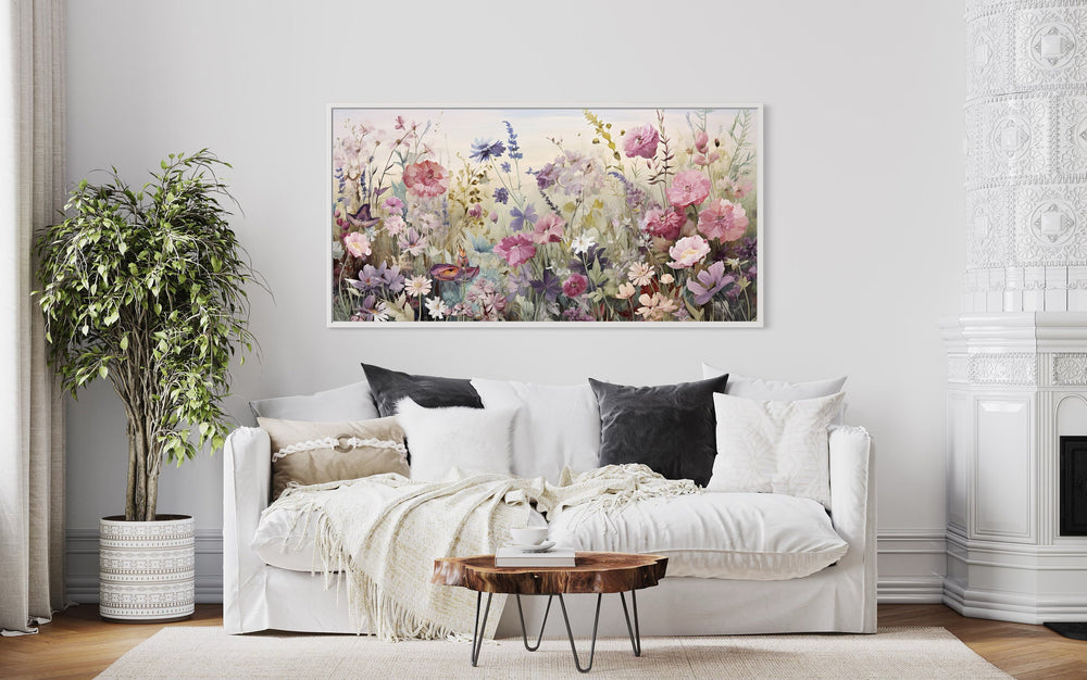 Purple Wildflowers Meadow Rustic Wall Art above white bed