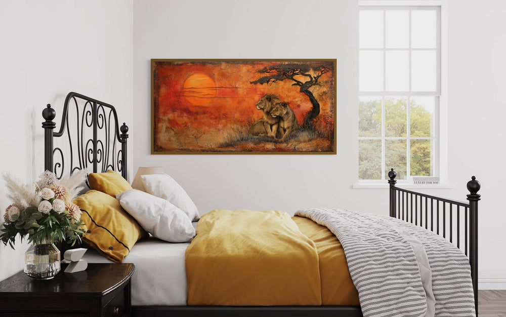 Lion and Lioness in African Savanna Framed Canvas Wall Art in bedroom