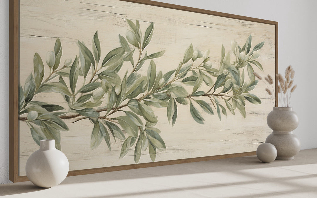 Sage Green Olive Branch Painting On Wood Framed Canvas Wall Art side view