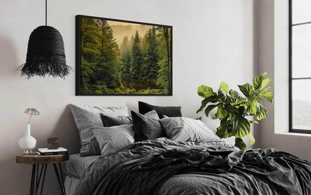 Fir Tree Forest Nature Landscape Framed Canvas Wall Art above bed side view