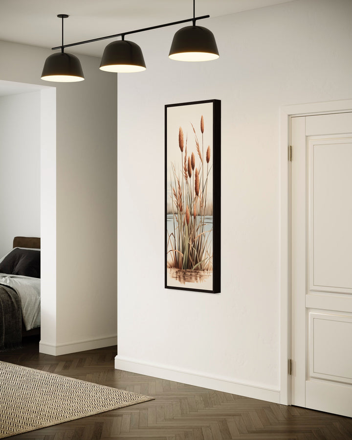 Tall Narrow Cattails Vertical Framed Canvas Wall Art in living room side view