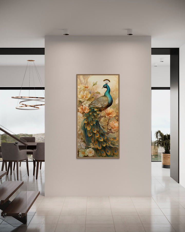 Long Vertical Golden Peacock Wall Decor in narrow space