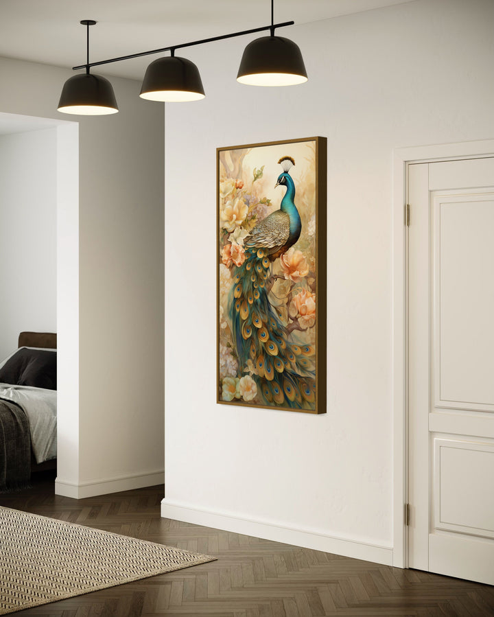 Long Vertical Golden Peacock Wall Art in living room