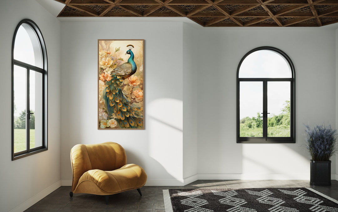 Long Vertical Golden Peacock Wall Art in modern home