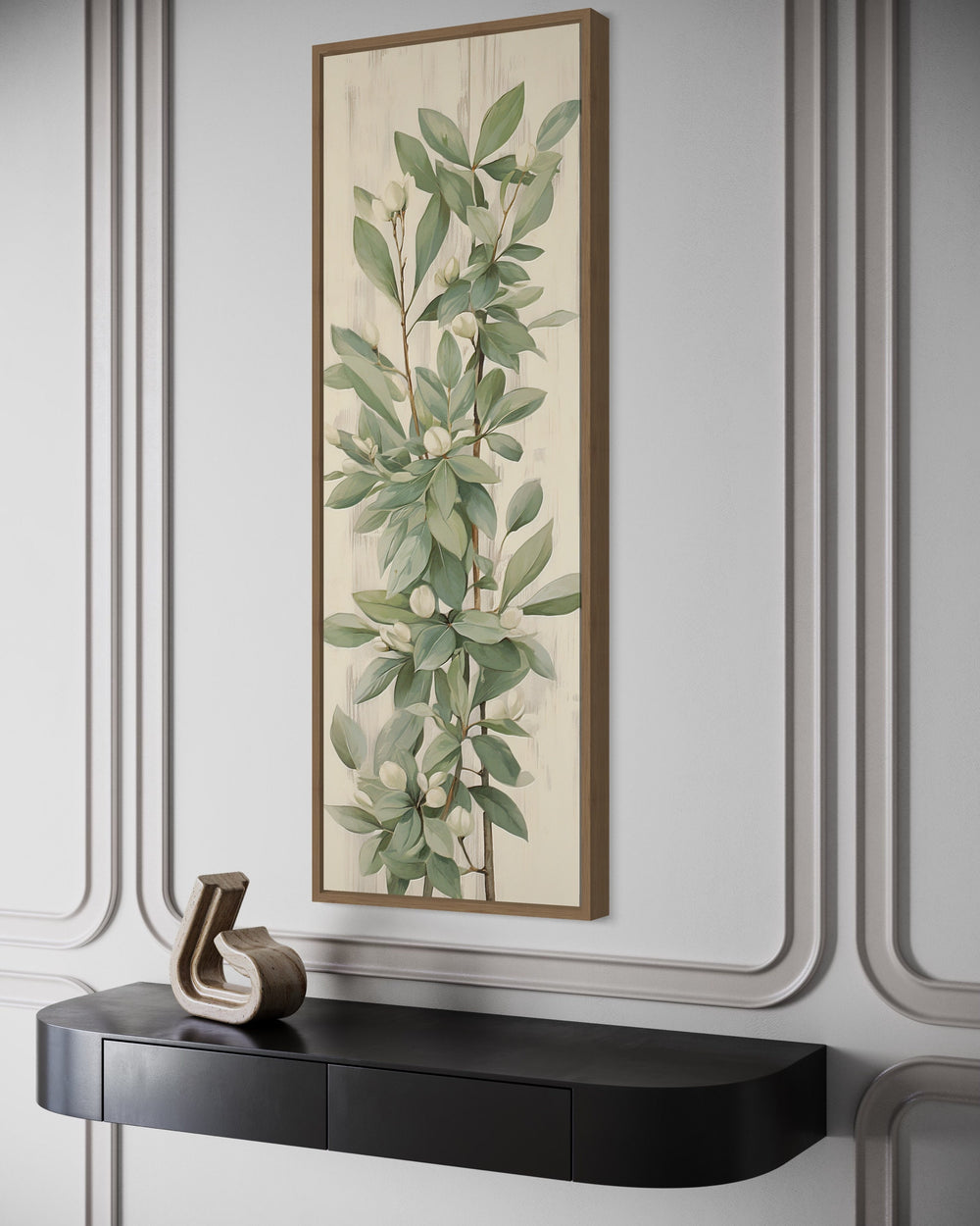 Tall Narrow Vertical Vintage Sage Green Leaves Framed Canvas Wall Art