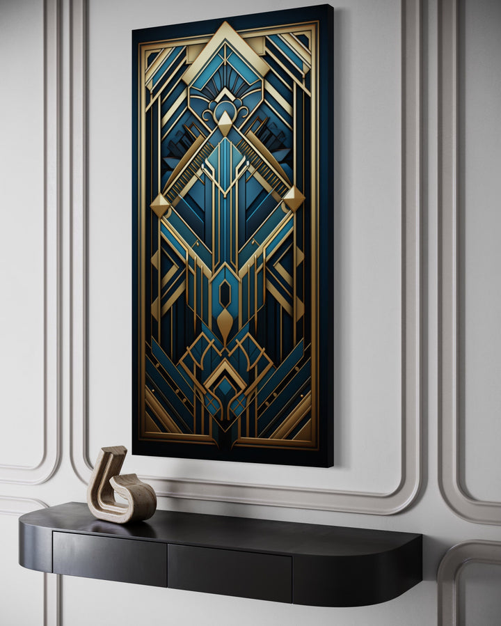 Art Deco Pattern Navy Blue Gold Long Vertical Canvas Wall Art side view