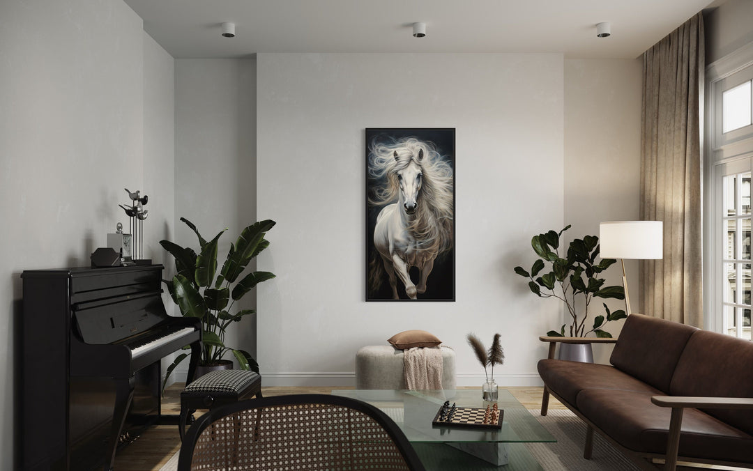 Long Vertical White Horse On Black Background Wall Art in living room