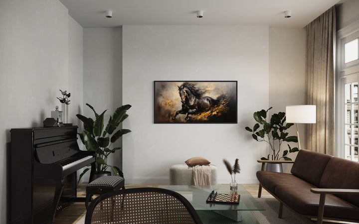 Black Horse Galloping Extra Large Framed Canvas Wall Art in living room