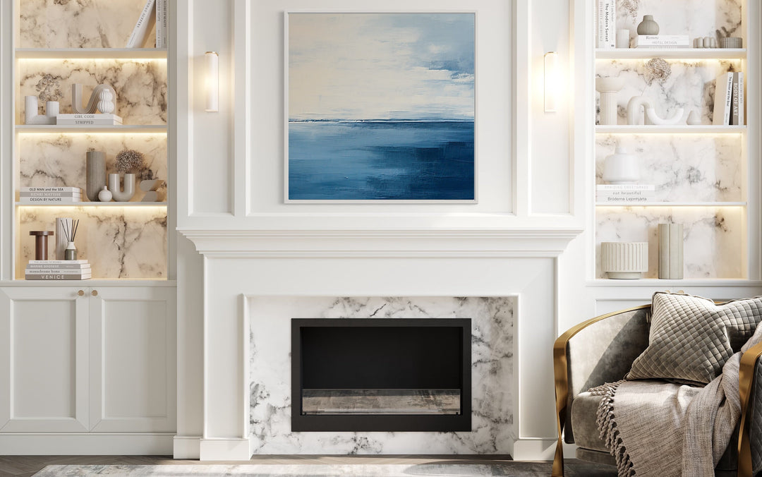 Abstract Ocean Grey Silver Navy Blue Square Framed Canvas Wall Art above fireplace