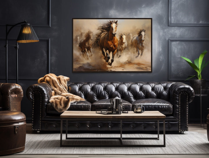 Herd of Wild Horses Galloping Framed Canvas Wall Art in man cave