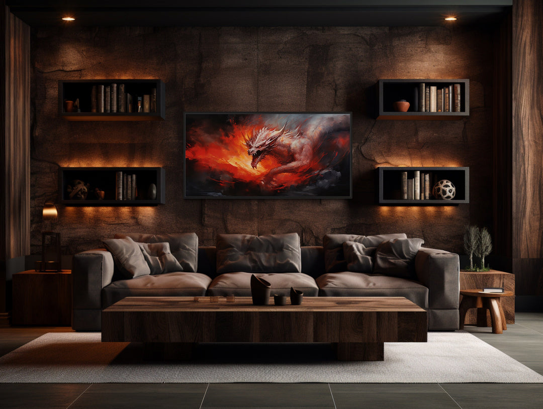 Fire Breathing Dragon Framed Canvas Wall Art in man cave