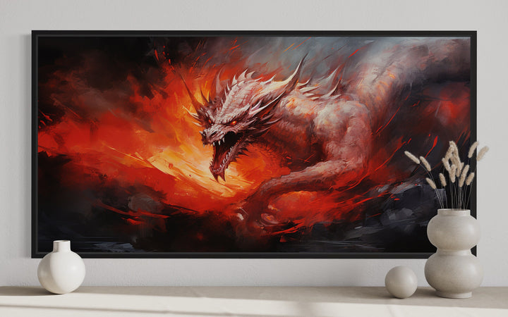 Fire Breathing Dragon Framed Canvas Wall Art close up