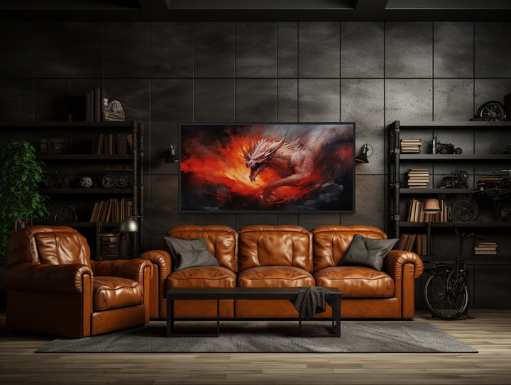 Fire Breathing Dragon Framed Canvas Wall Art in mens room