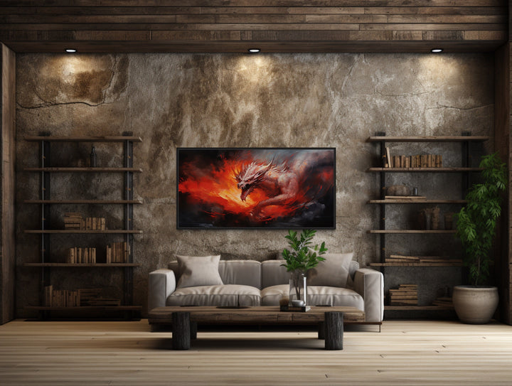 Fire Breathing Dragon Framed Canvas Wall Art in man cave