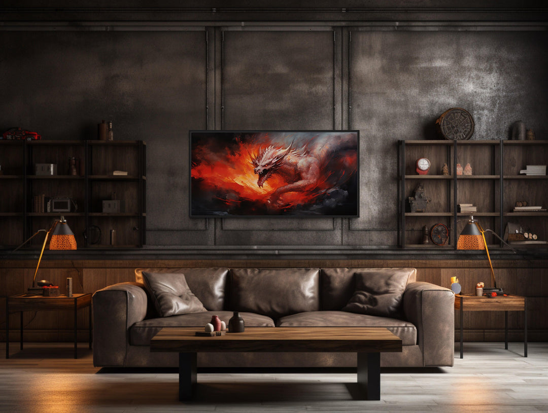 Fire Breathing Dragon Framed Canvas Wall Art in man cave