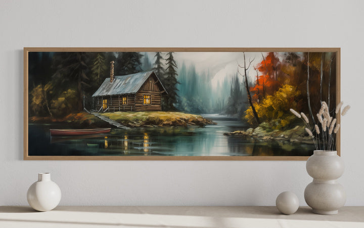 Cabin On the Lake Horizontal Narrow rustic Framed Canvas Wall Art close up