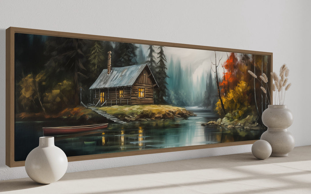 Cabin On the Lake Horizontal Narrow rustic Framed Canvas Wall Art side view