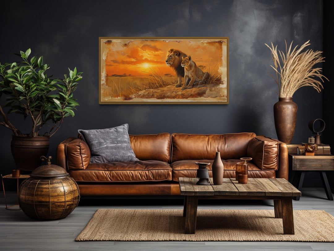 Lion and Lioness in Savannah At Sunset Framed Canvas Romantic Wall Art
