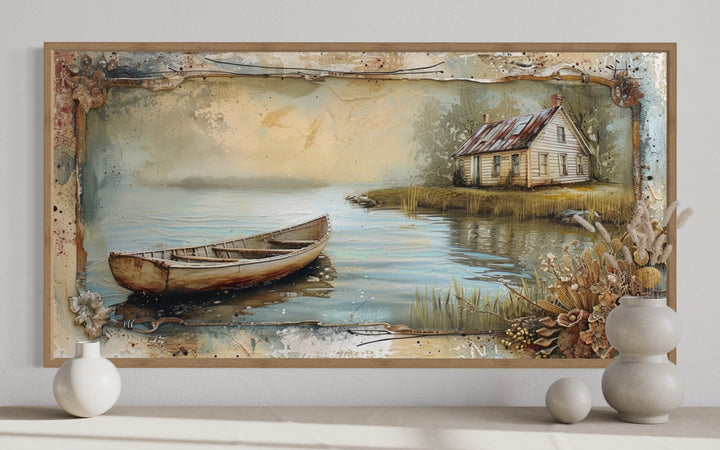 a painting of a boat on a lake with a house in the background