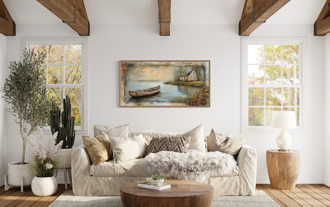 Wooden Canoe In The Lake Cabin Rustic Wall Art "Cabin Reflections" over beige couch