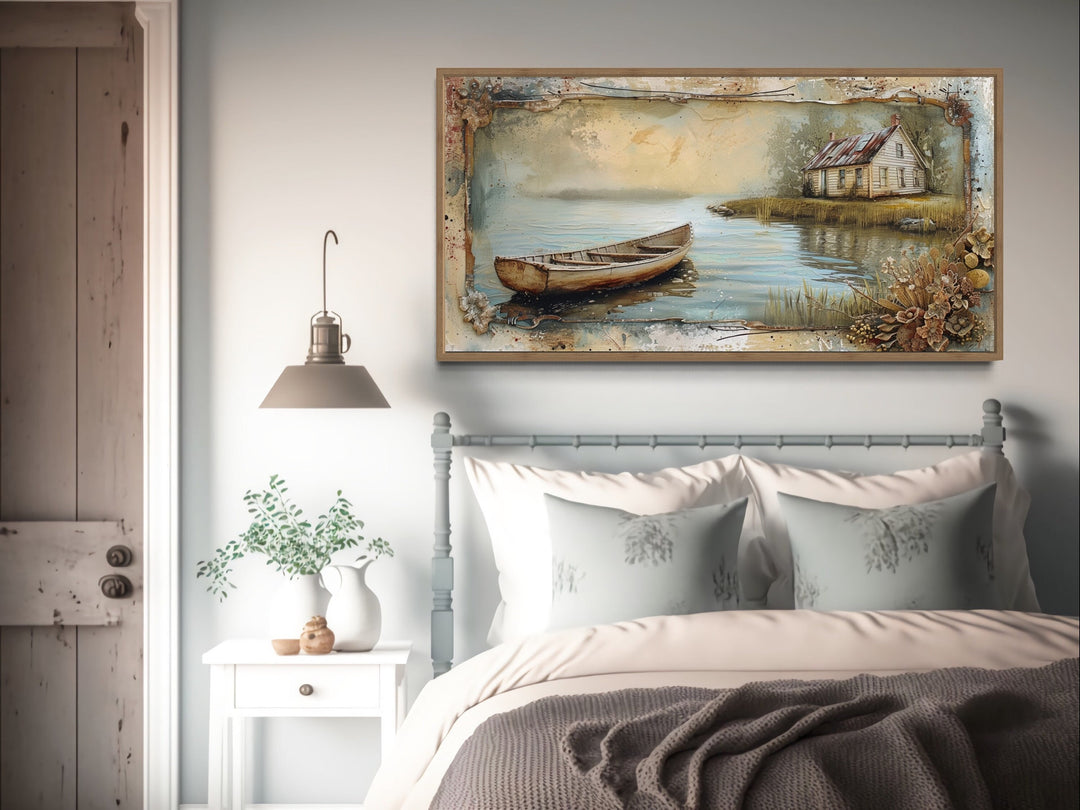 Wooden Canoe In The Lake Cabin Rustic Wall Art "Cabin Reflections" over rustic bed