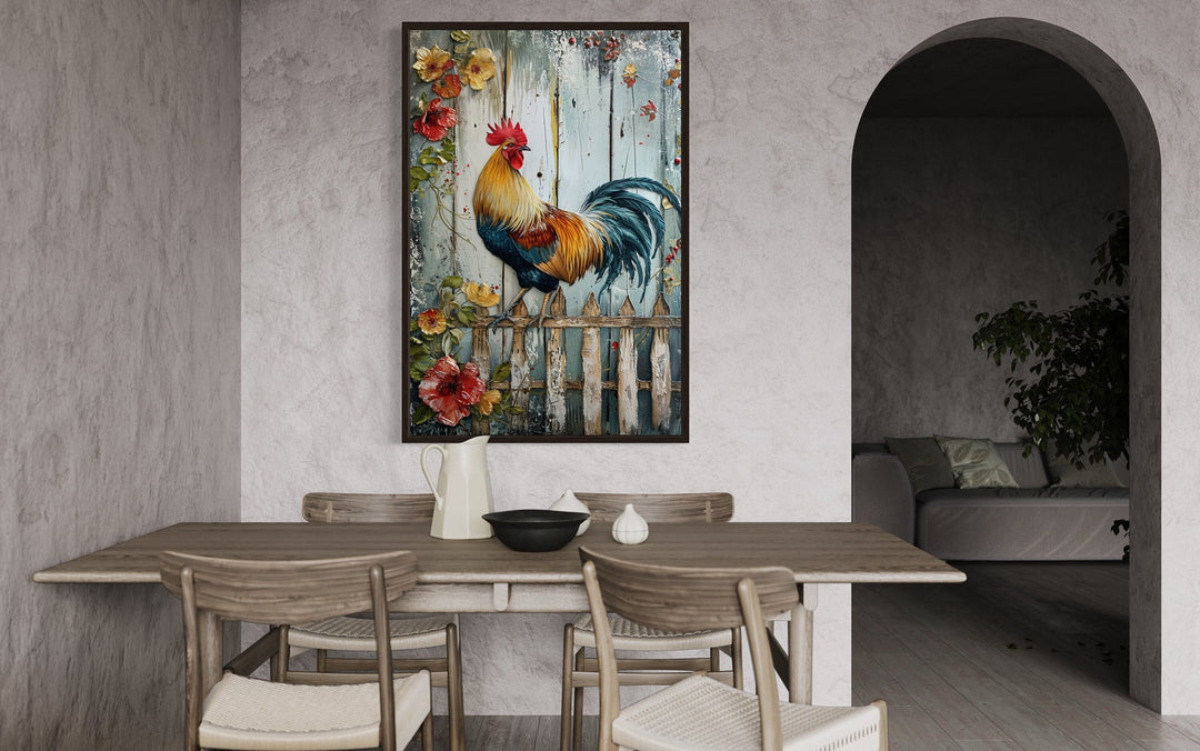 Rooster On The Fence Canvas Wall Art in rustic kitchen