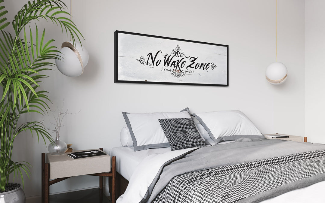 No Wake Zone Long Narrow Over Bed Framed Canvas Wall Art in bedroom