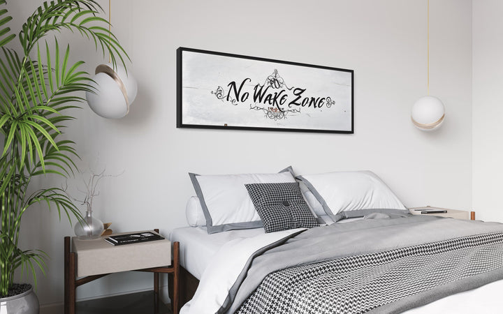 No Wake Zone Long Narrow Over Bed Framed Canvas Wall Art in bedroom