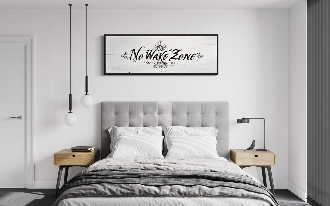 No Wake Zone Long Narrow Over Bed Framed Canvas Wall Art in bedroom