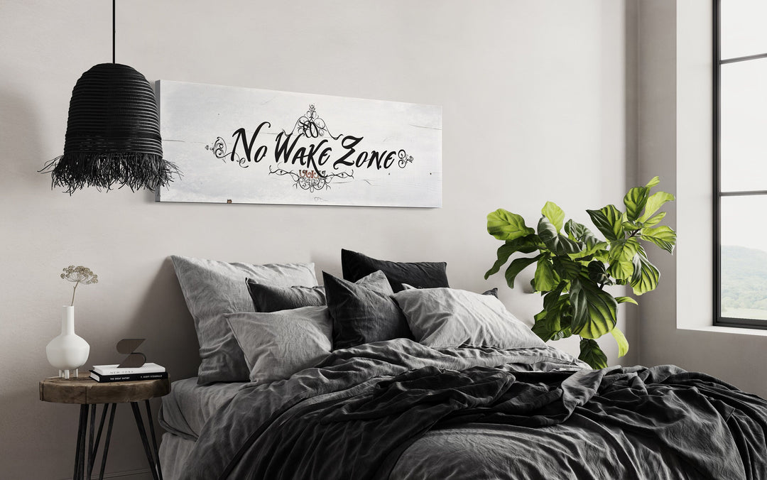 No Wake Zone Long Narrow Over Bed Framed Canvas Wall Art in bedroom